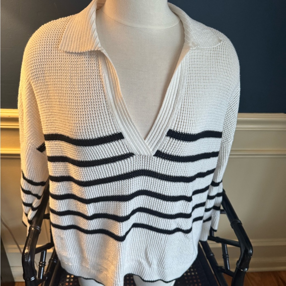 Lilla P Black and White Crew Neck Sweater with Ribbed Texture